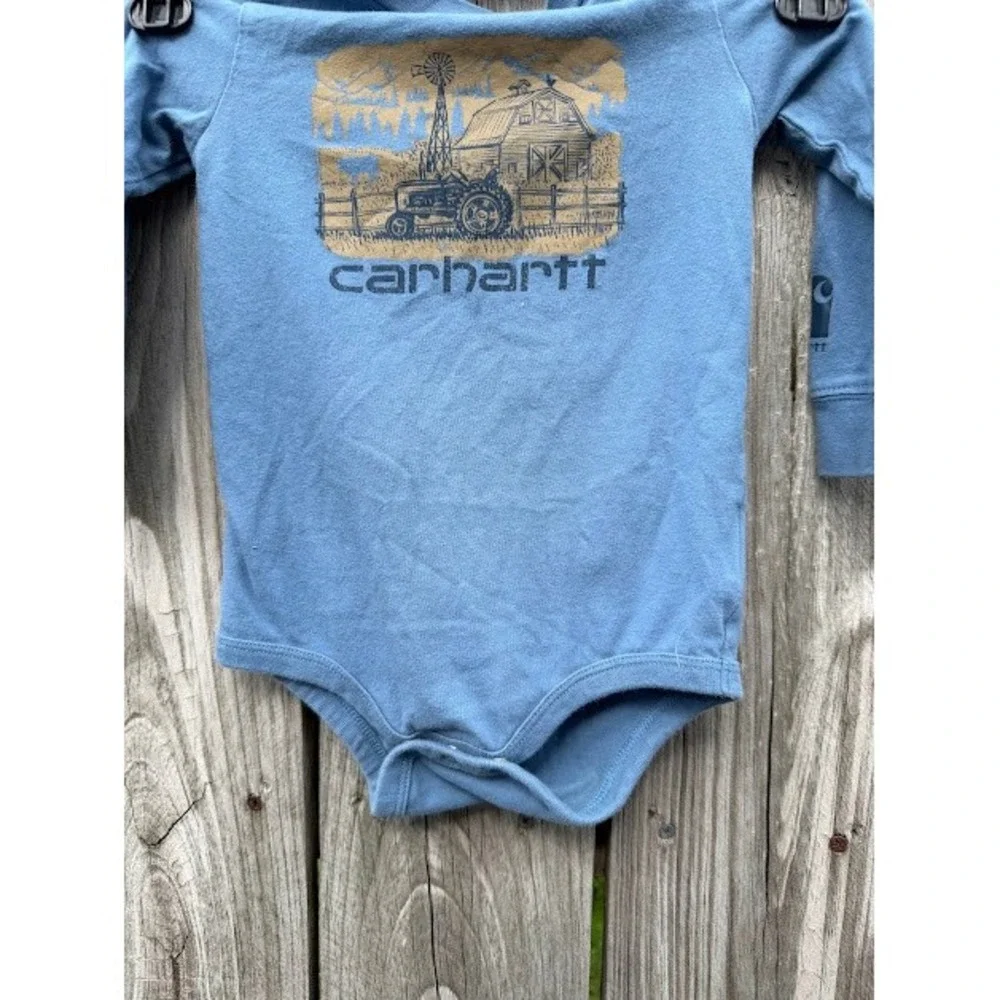 Farm Carhartt Bodysuit Kids 12M Blue Graphic Tractor Barn Long Sleeve Workwear